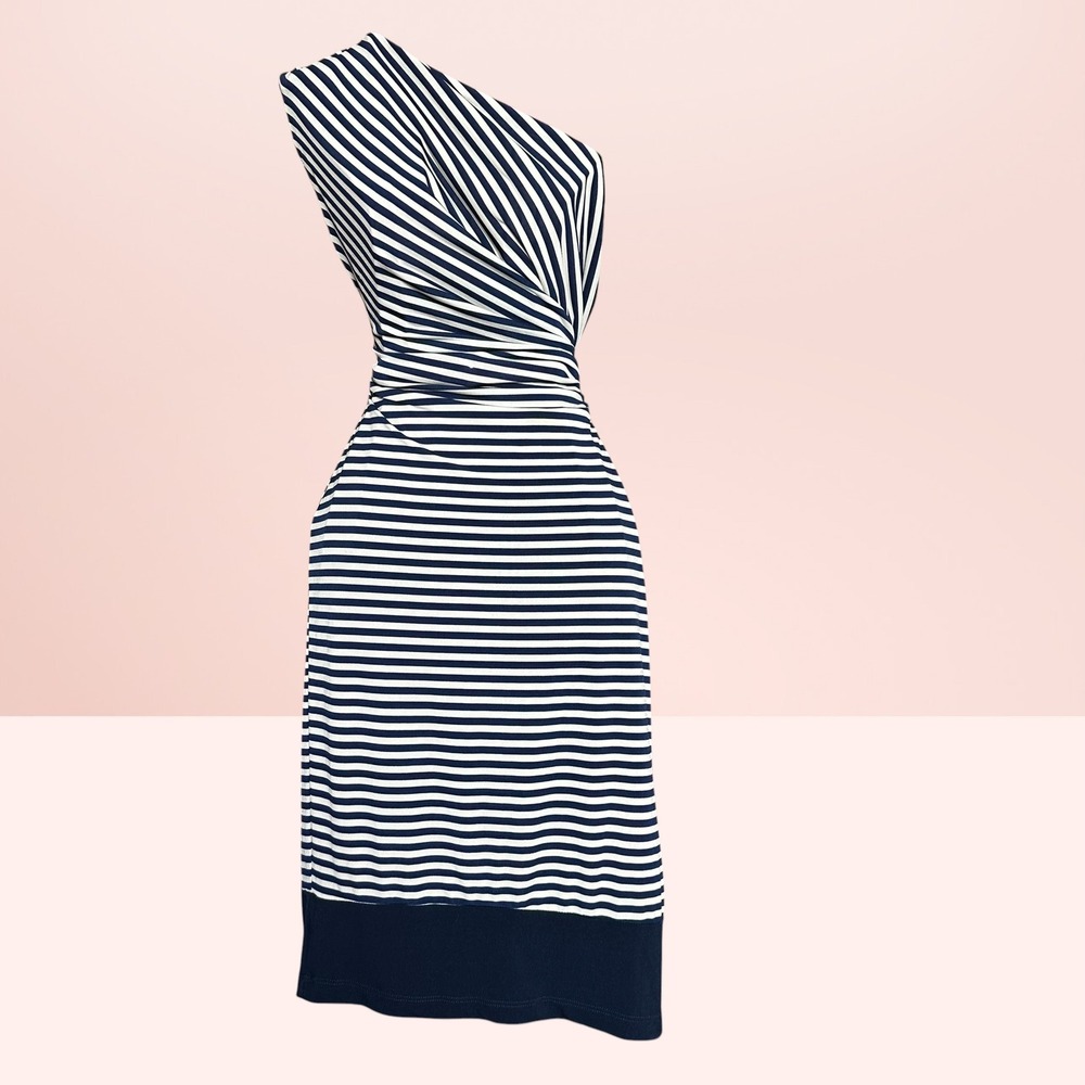 Motherhood Maternity One Shoulder Striped Midi Dress Nautical Navy White Size M